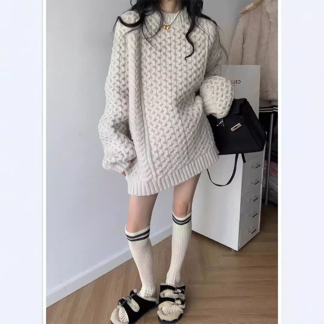 美式复古中长款套头麻花毛衣女2025秋冬季慵懒宽松加厚外穿针织衫