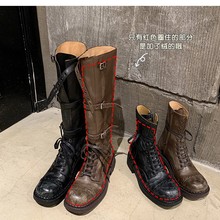 牛皮版~新款真皮做旧中筒机车马丁靴女美拉德厚底粗跟短靴骑士靴