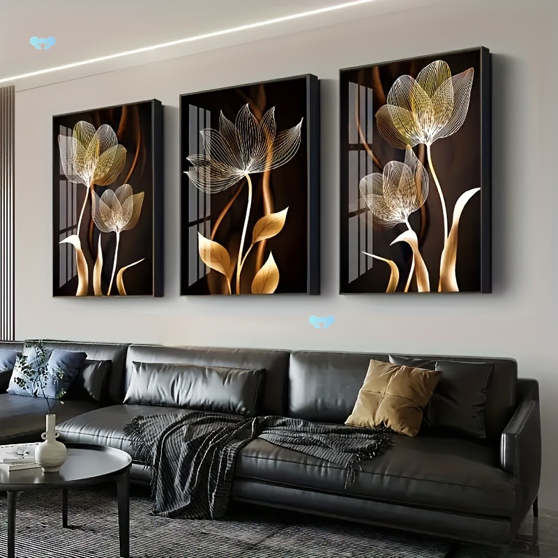 [3pcs Black and Golden Flower Wall Art Canvas Painting ]