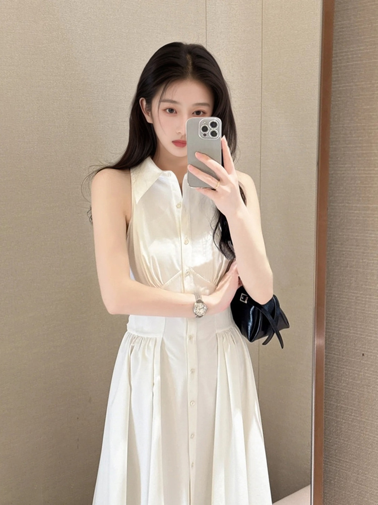 Đầm maxi không tay cổ bẻ kiểu Pháp thiết kế hàng khuy đơn thanh lịch ZX N4094 — Cây sơn chi trắng