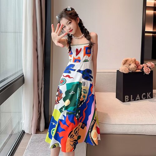 Girls retro ethnic style oil painting suspender dress children's summer seaside vacation beach dress sleeveless long dress trendy