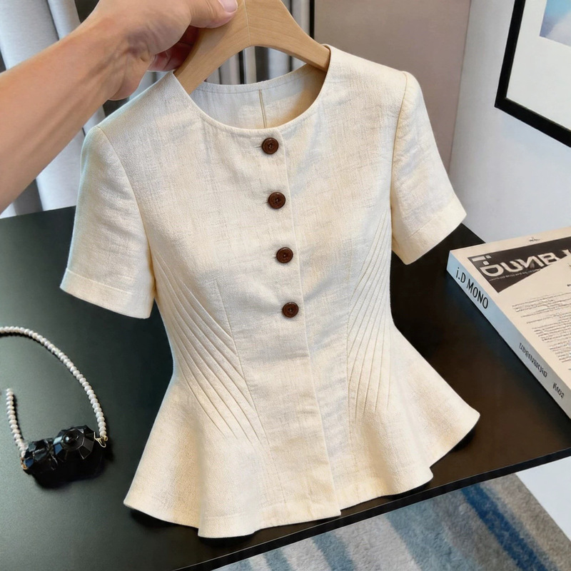 French-Style Light Luxury Off-White Short-Sleeve Shirt for Women, Summer 2026 New Model, High-End and Elegant Short-Sleeve T-Shirt 12034
