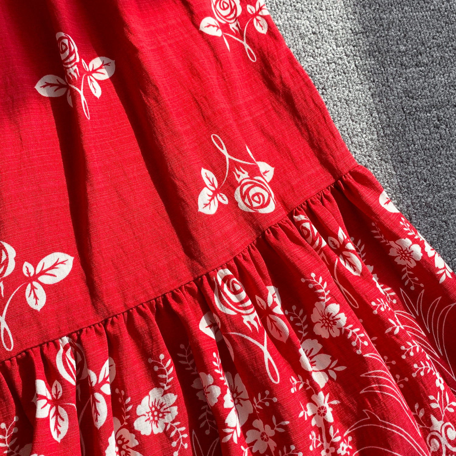 Women's French Retro Red Floral Print Dress Round Neck Three Quarter Sleeve Slimming Waist Full Skirt Ruffles Summer Style_ecoleips.com