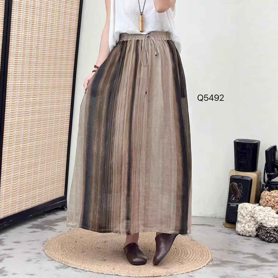 Ramie Stripesd A-Line New 2025 Summer Elastic Waist Niche Loose Skirt Women's Mid-Length Casual Skirt