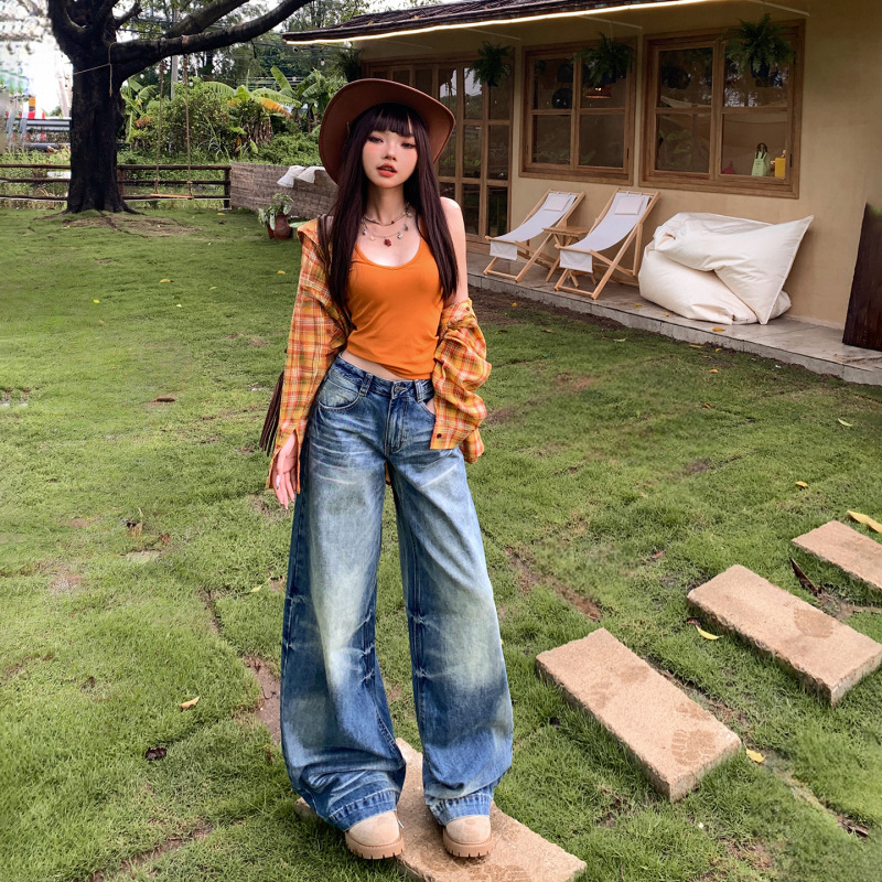 复古水洗渐变直筒牛仔裤女2025年秋冬新款高腰宽松显瘦阔腿拖地裤|undefined