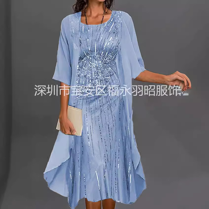 European and American independent station Amazon Wish New popular spring and autumn fashion casual printed chiffon dress two-piece set