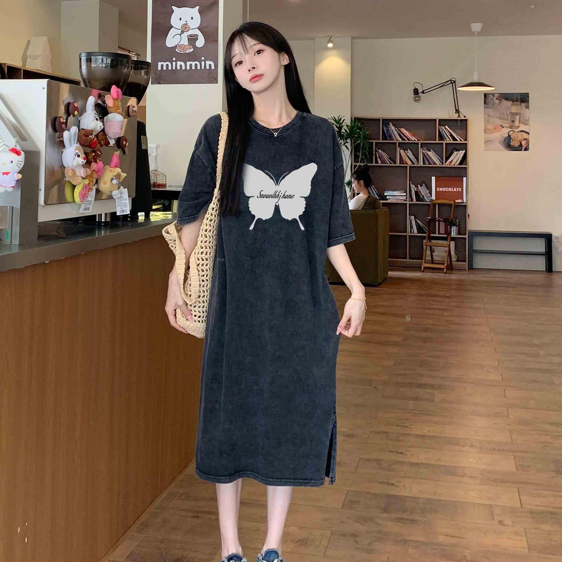 潮牌ins风水洗做旧休闲百搭过膝长裙女美式洗水复古纯棉T恤裙长裙