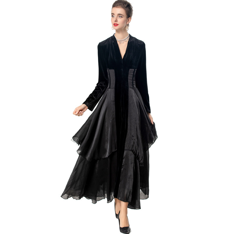 Velvet Patchwork Tulle Sexy V-neck Long Sleeve Ruffled Black Cake dress European and American Women's Spring New 2025