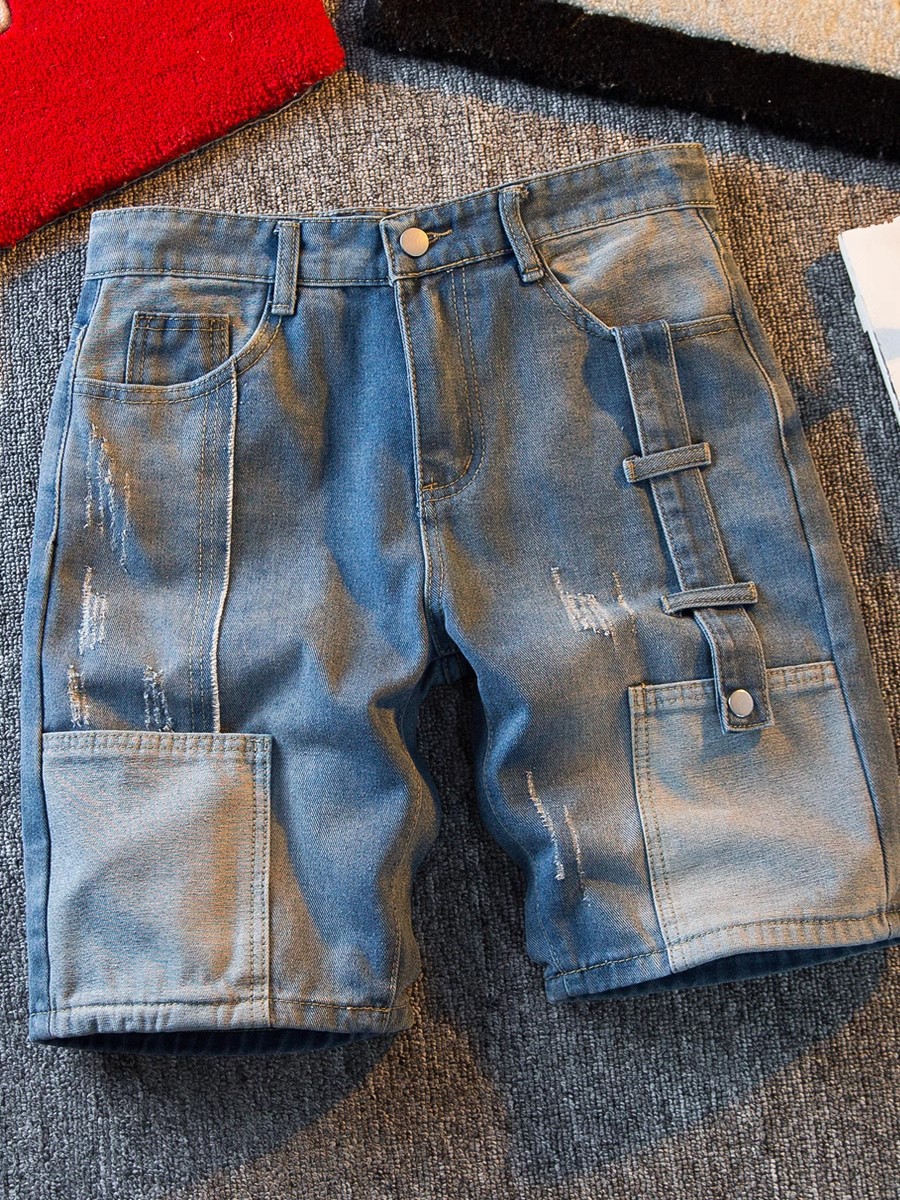 Men's Slim Fit Denim Shorts Casual European Style Summer Color Block Five Point Cargo Shorts_mkmklike.com