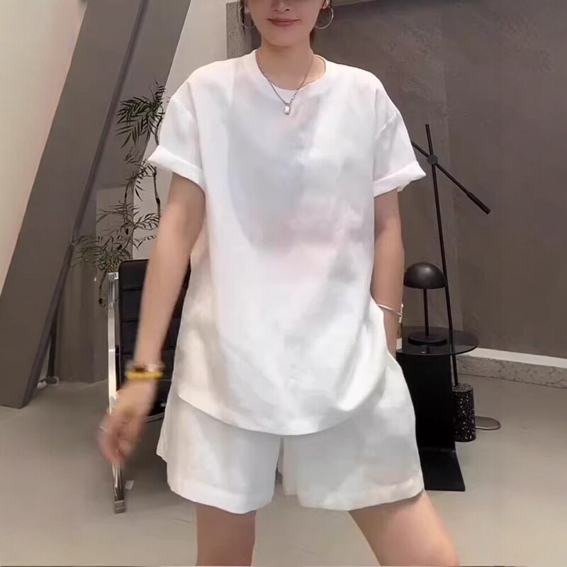 Tencel Linen Minimalist Style Loose Short-Sleeve T-Shirt for Women, Summer Raindrop Linen Round Neck Versatile Casual Lazy Top