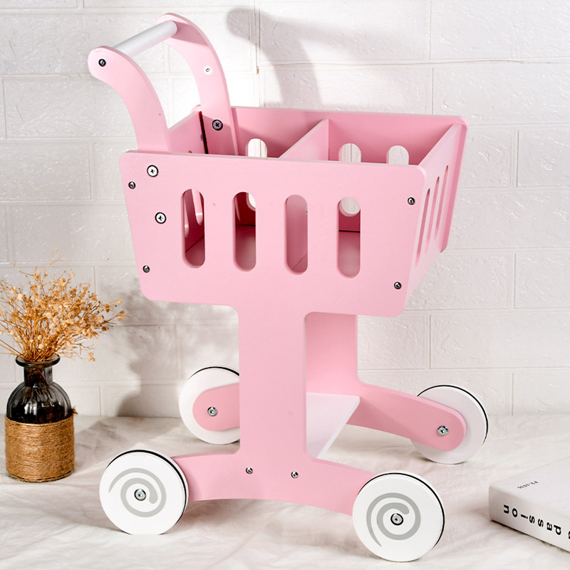 Children's Wooden Pink Supermarket Shopping Cart Baby Boys and Girls Baby Early Education Educational Toddler Toddler Toy