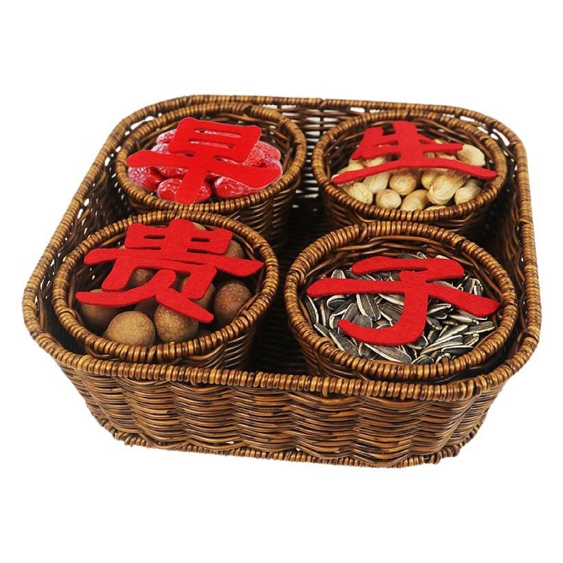 Suministros DE BODA caja de dulces Ratán tejido multi-rejilla caja de frutas secas con tapa plato de merienda Cesta tejida de ratán cesta de frutas