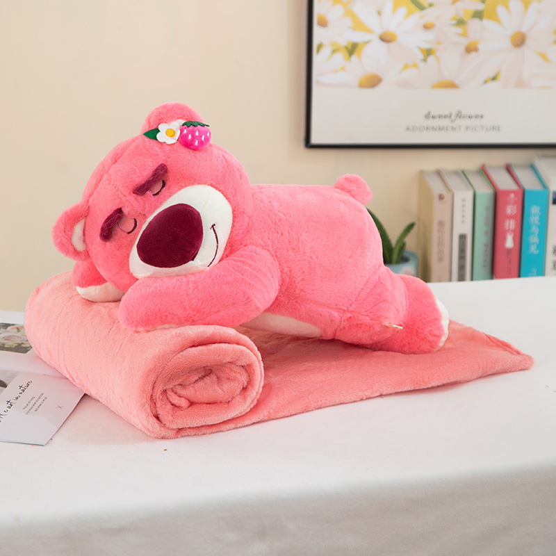 Manta con almohada de oso fresa rosa claro