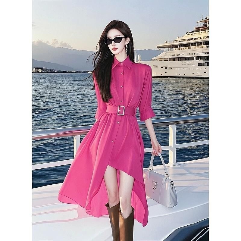 Unique Dopamine Rose-Red Shirt Dress 2026 Early Spring High-End Exquisite French-Style Waist-Cinching Irregular Long Dress Unique Dopamine Rose-Red Shirt Dress 2026 Early Spring High-End Exquisite French-Style Waist-Cinching Irregular Long Dress