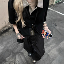 黑色千鸟格拼接短袖polo衫男夏季复古老钱风半袖高级感情侣半截袖