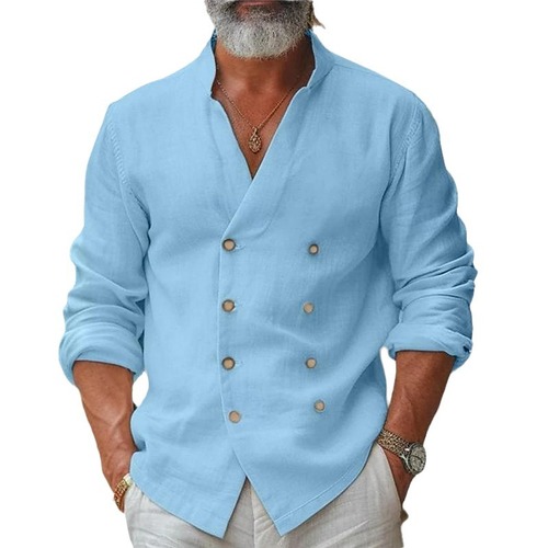 European and American men's oversized double-breasted home casual fashion stand-up collar cotton linen long-sleeved open jacket