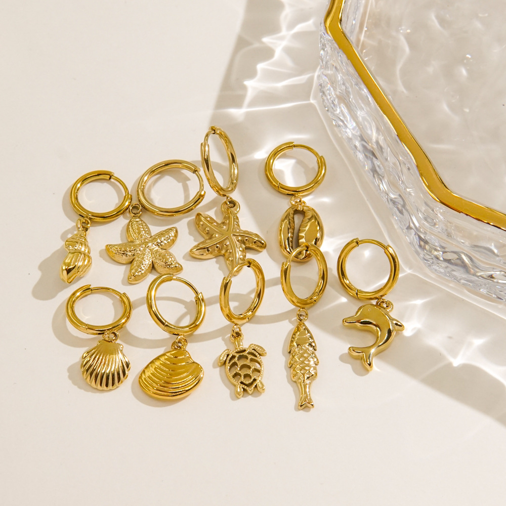 5g Weight PVD Coated Gold Plating Process PVD Coated 14K Gold Real Gold Plated Tortoise Starfish Shell 304 Stainless Steel Beach Waterproof Non Tarnish Charm Sleeper Hoop Earrings Earrings