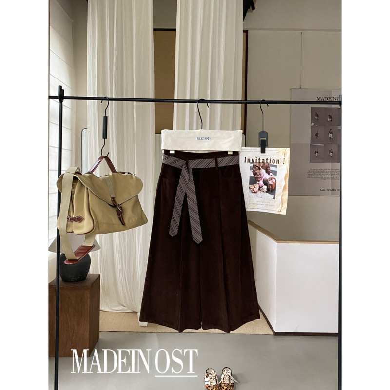 MADEIN OST-式复古斜纹腰带灯芯绒阔腿八分裤休闲裤(配腰绳)57222|undefined