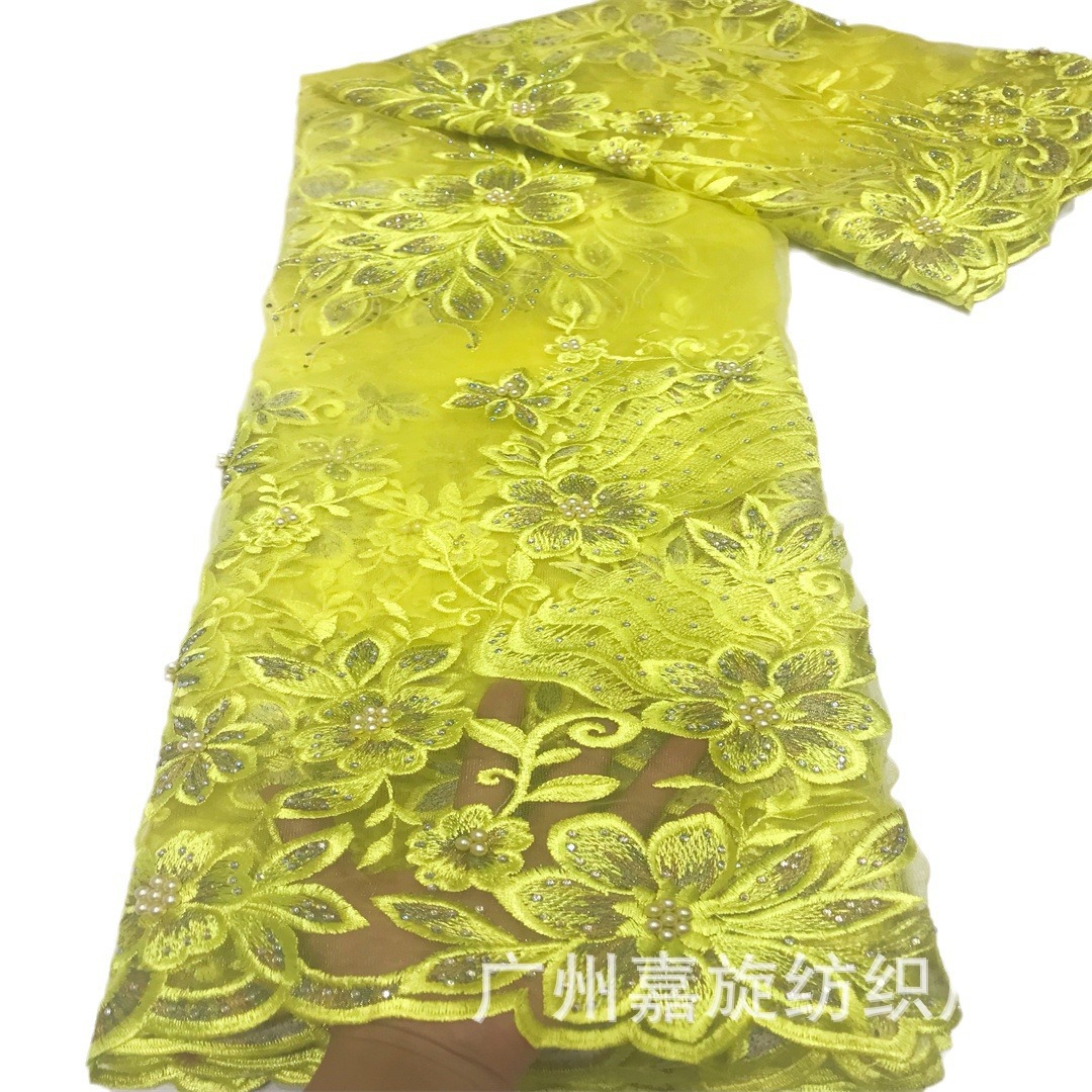 Europa y Estados Unidos bordado de perlas tela de encaje transparente de doble color vestido de fiesta tela de boda