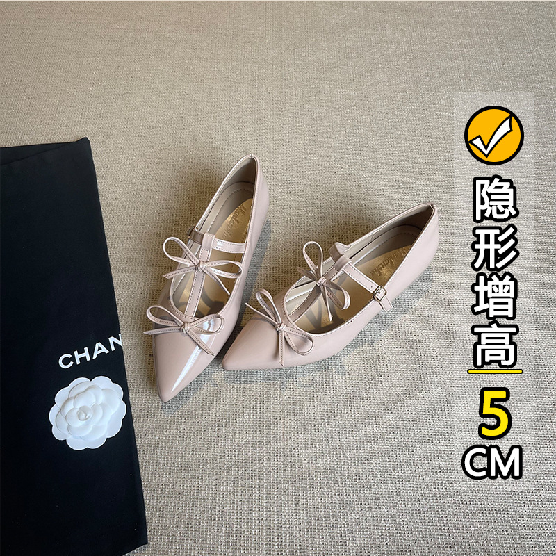 Sweet Butterfly Pointed Toe Shoes 2025 New Style Height Increasing 5cm Petite Versatile Mary Jane Flats for Women