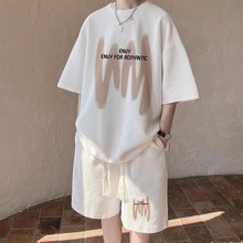 夏季华夫格套装男款青少年潮流港风高级感运动休闲一整套夏装批发