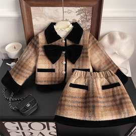2024冬季新款小香风韩版时髦套装女童加厚夹棉外套半身裙子两件套