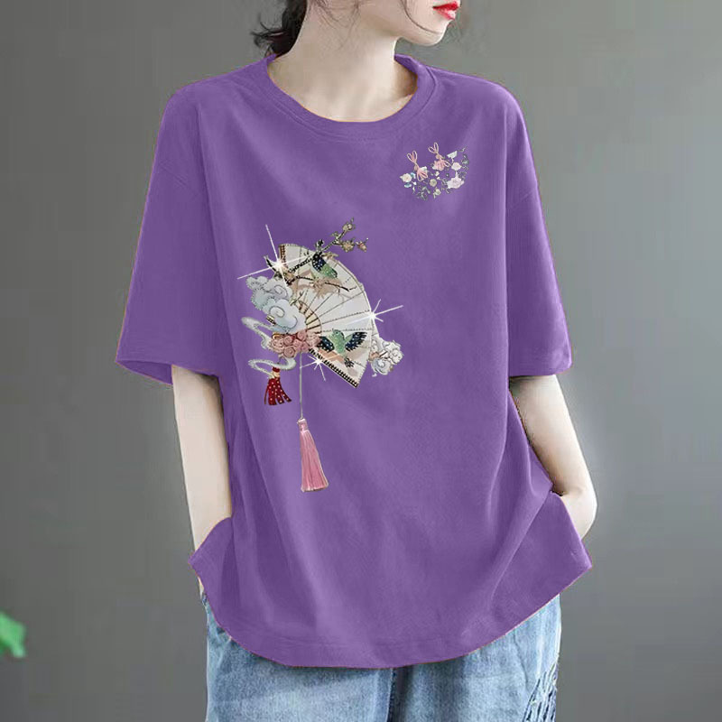 2025 Summer New Chinese Short-sleeved T-shirt Women's New Loose Slimming plus size chubby girl National Style All-match Cotton Top