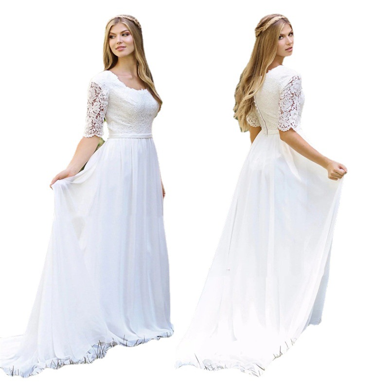Comercio exterior de Europa y América Amazon AliExpress deseo moda nueva luz simple vestido de novia de encaje cuello redondo media manga vestido de novia largo