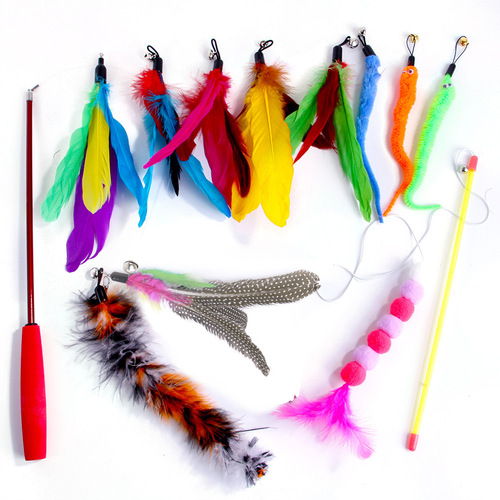 Manufacturer Pet Cat Toy 12-piece Set Colorful Cat Funny Stick Feather Telescopic Fishing Rod Combination Set Wholesale