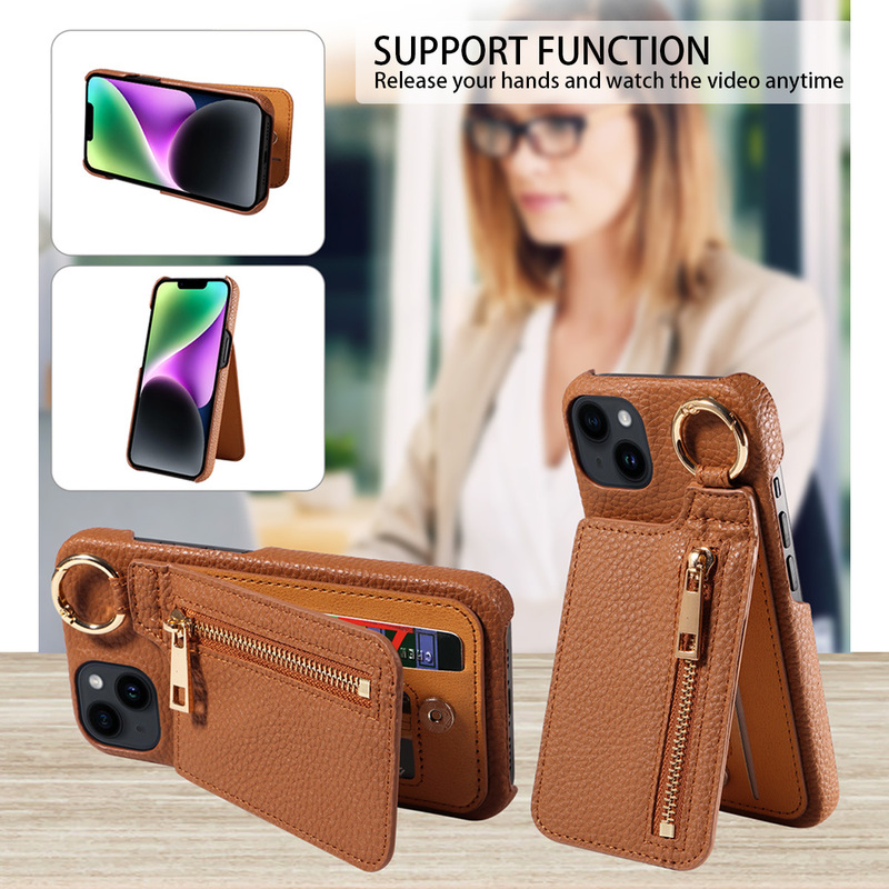 Suitable for Apple 15 Pro Full-Cover Stand Leather Phone Case 13 Matte Pu Leather Zipper Anti-Drop Magnetic Buckle Business Leather Case