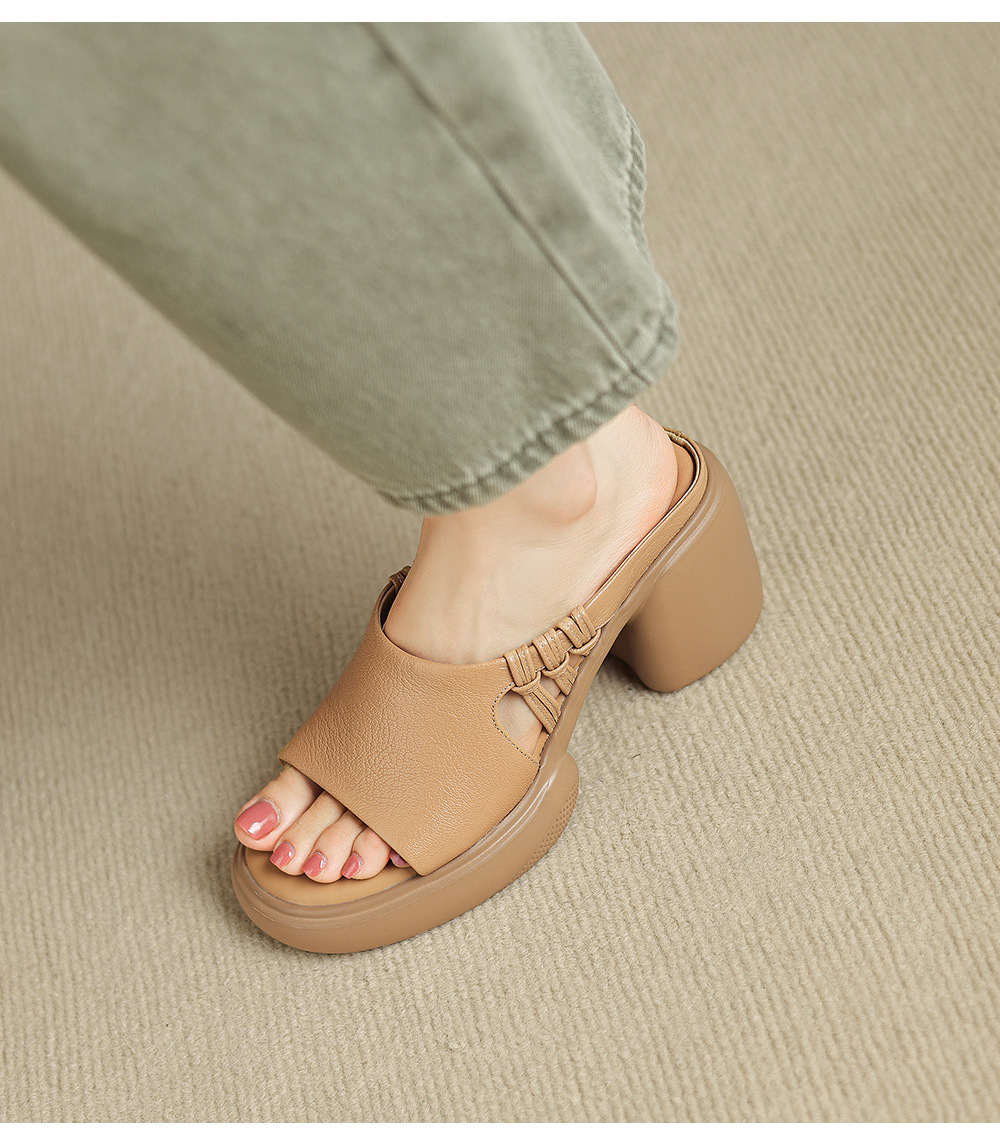 Sandal cao gót nữ da cừu siêu mềm, gót vuông, mũi hở, đế dày, quai ngang đan lưới — màu trắng ngà, màu mơ chi tiết 16