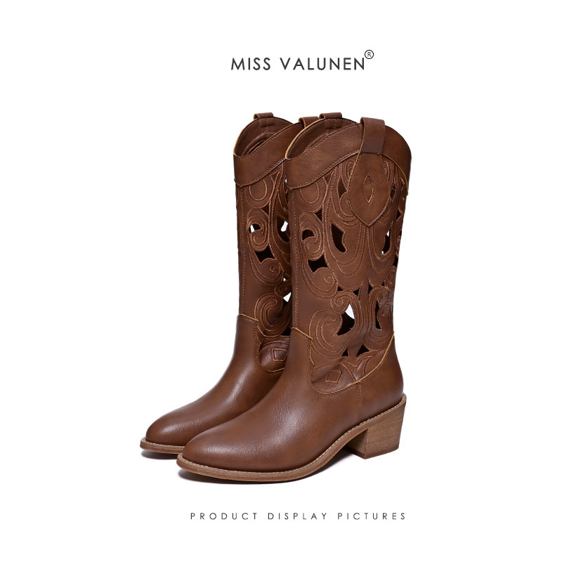 Miss Galen Miss valunen Boots Summer Cut Out Western Cowboy Boots Women's Retro Embroidered Boots