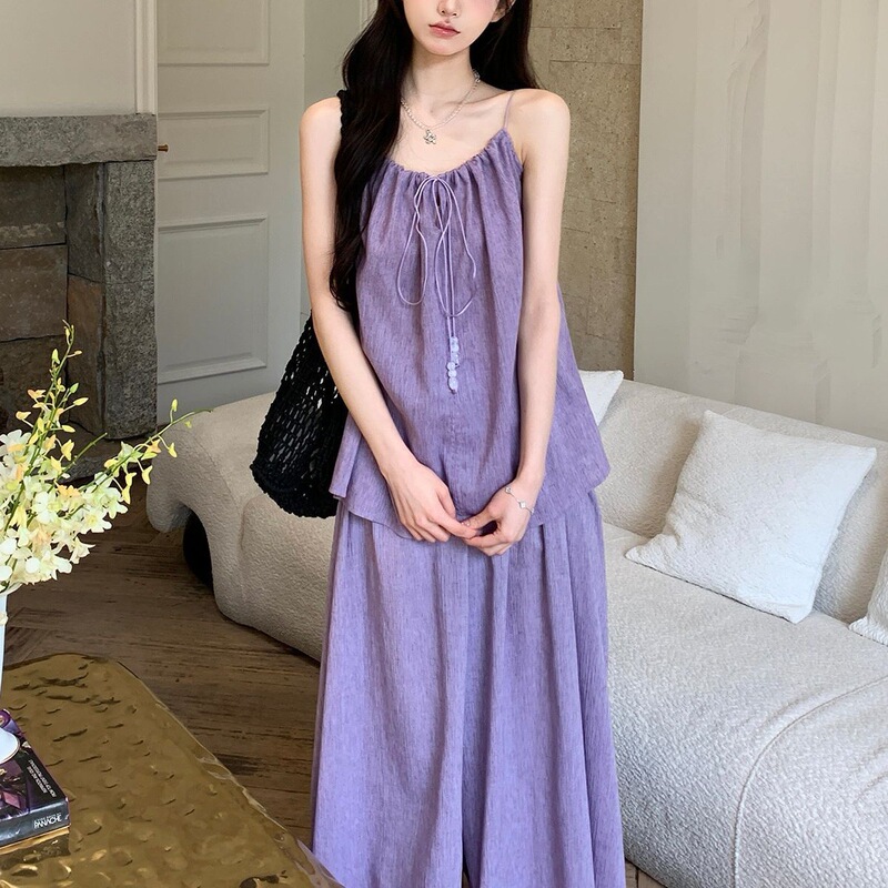 巨好看紫色阔腿裤套装女2025夏季新款法式休闲吊带背心穿搭两件套|undefined