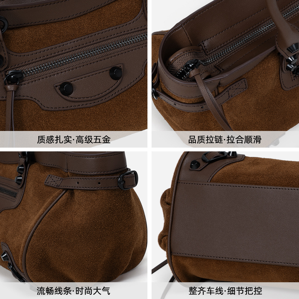 New Matte Cowhide Biker Bag Retro Studded Women's Handbag Casual Commuter Shoulder Bag Underarm Tote - Thumbnail 4