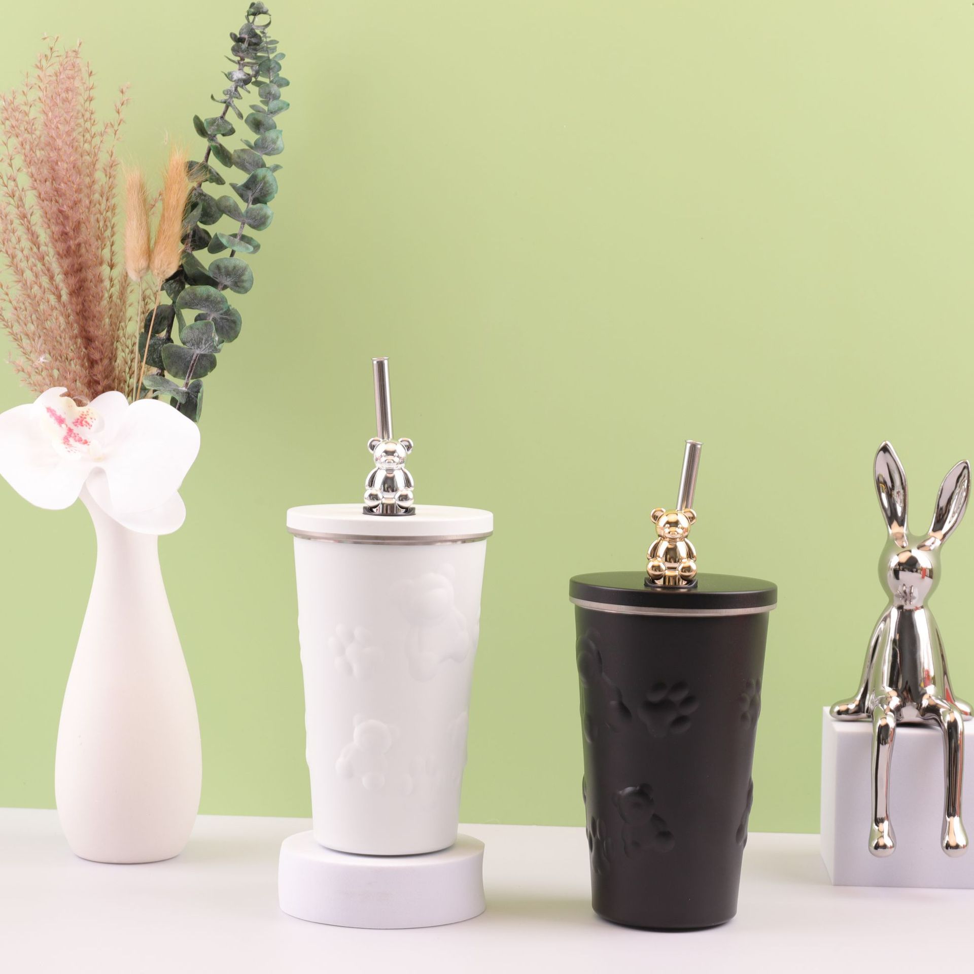 Nuevo oso en línea popularidad 304 taza de paja de acero inoxidable taza de café de alto valor de caricatura de oficina portátil taza de agua doméstica