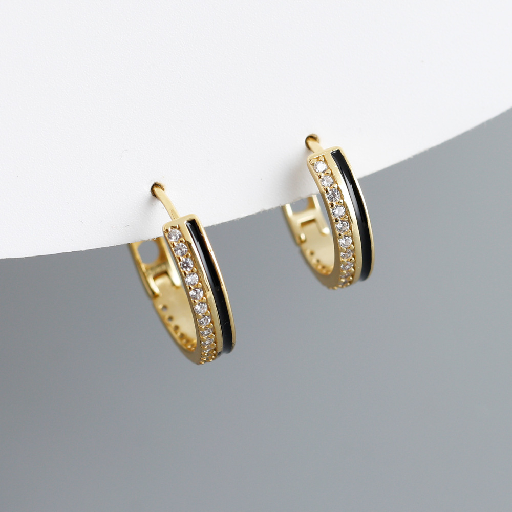 1 Pair Retro Circle Sterling Silver Enamel Inlay Rhinestones Hoop Earrings display picture 2