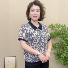 夏季新款娃娃领短袖t恤女轻薄透气丝滑碎花显瘦百遮肚上衣妈妈装