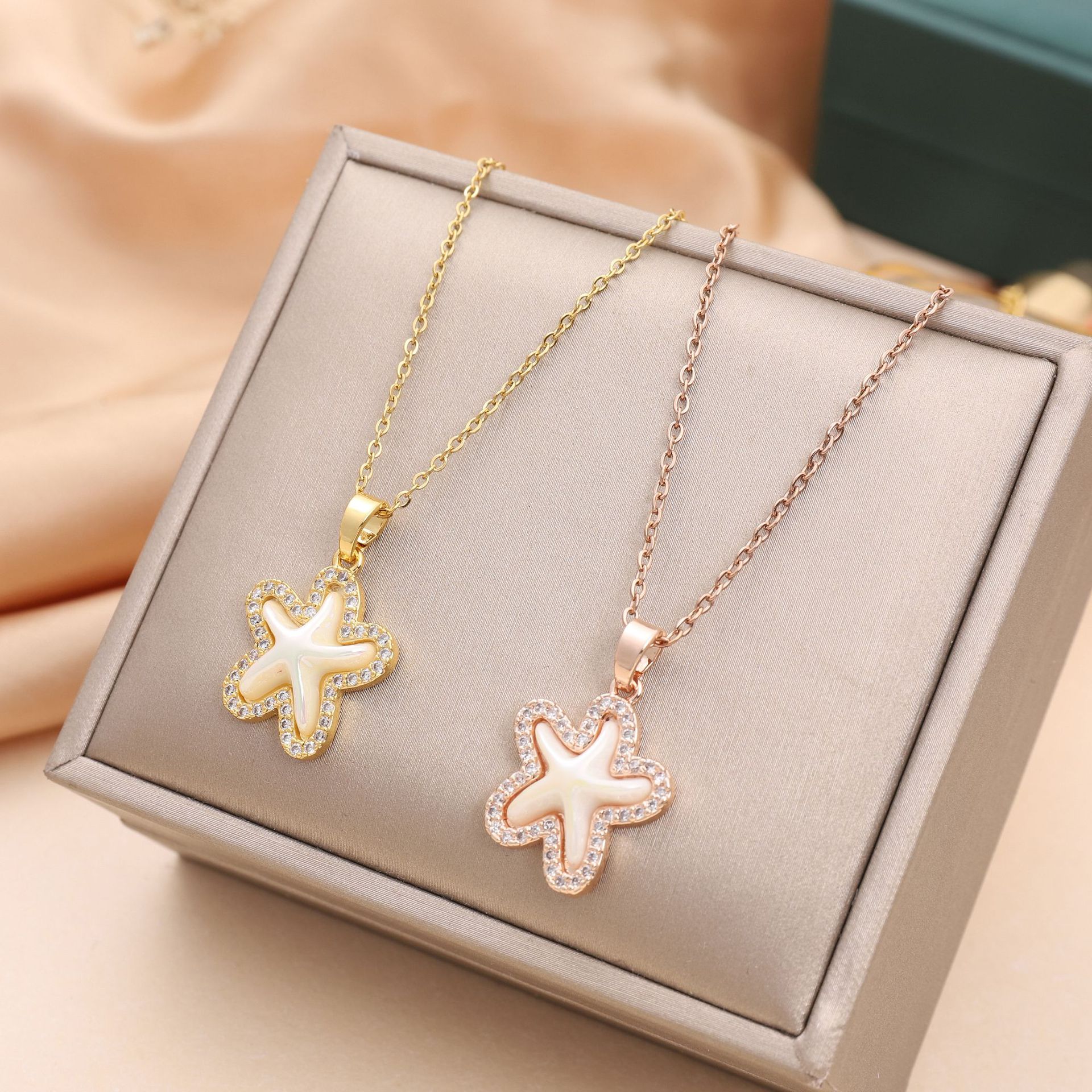 Fashion Starfish Titanium Steel Inlay Artificial Pearls Rhinestones Pendant Necklace