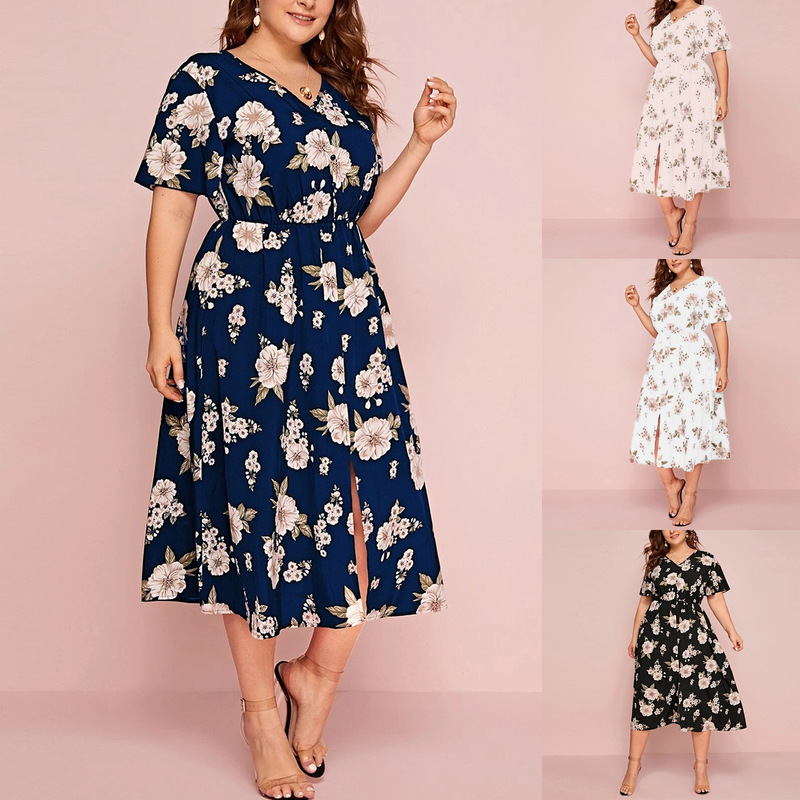 plus size Women's Floral Print V-neck Short-sleeved dress European and American-style Loose-fit Mid-length Chiffon Skirt plus size Women's Floral Print V-neck Short-sleeved dress European and American-style Loose-fit Mid-length Chiffon Skirt