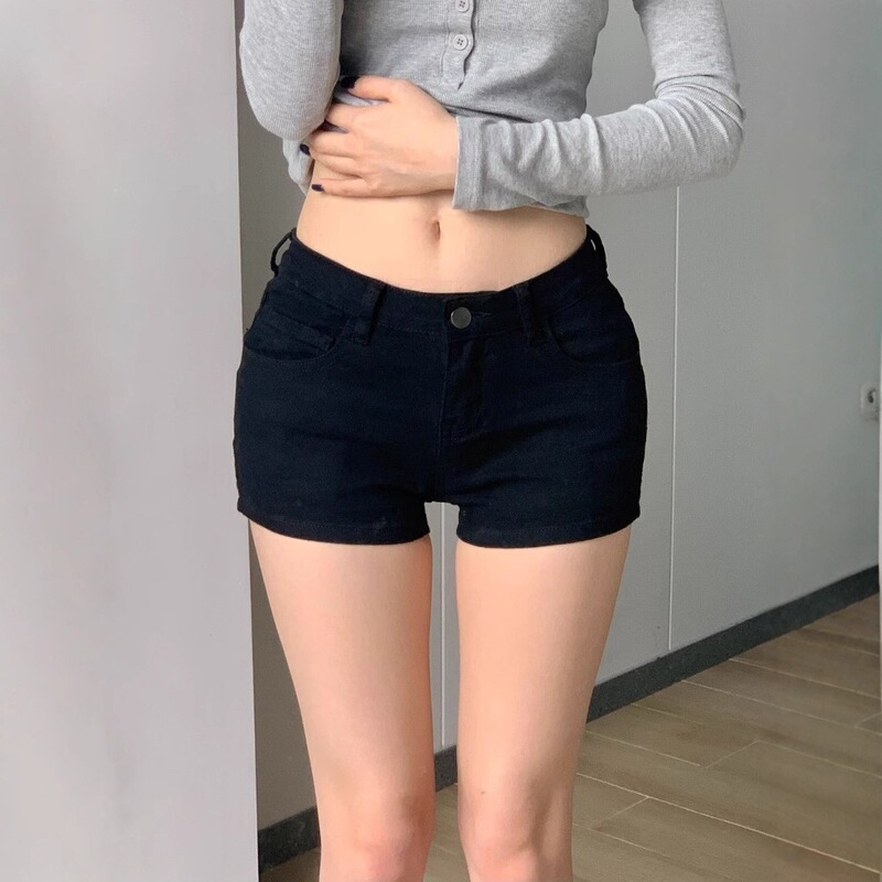 【Han Niu】Low-Waist Stretchy Black Hot Denim Shorts for Women, New Style Butt-Lifting Elastic Tight-Fitting American-Style Hot Pants Trendy