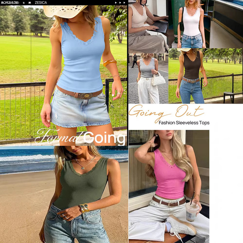 Cross-Border European and American 2026 Spring/Summer V-Neck Sleeveless Lace Trim Ribbed Knit Casual Outing Camisole Cross-Border European and American 2026 Spring/Summer V-Neck Sleeveless Lace Trim Ribbed Knit Casual Outing Camisole
