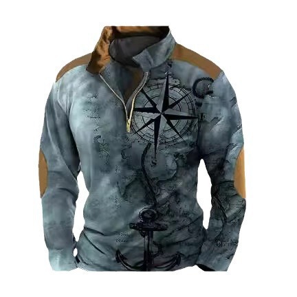 European and American Long-Sleeved Ethnic-Style 3D Printed Half-Zip Men's Polo Shirt