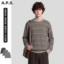 APO男装|跨境专供老钱长袖慵懒毛衣复古撞色条纹宽松圆领针织衫男