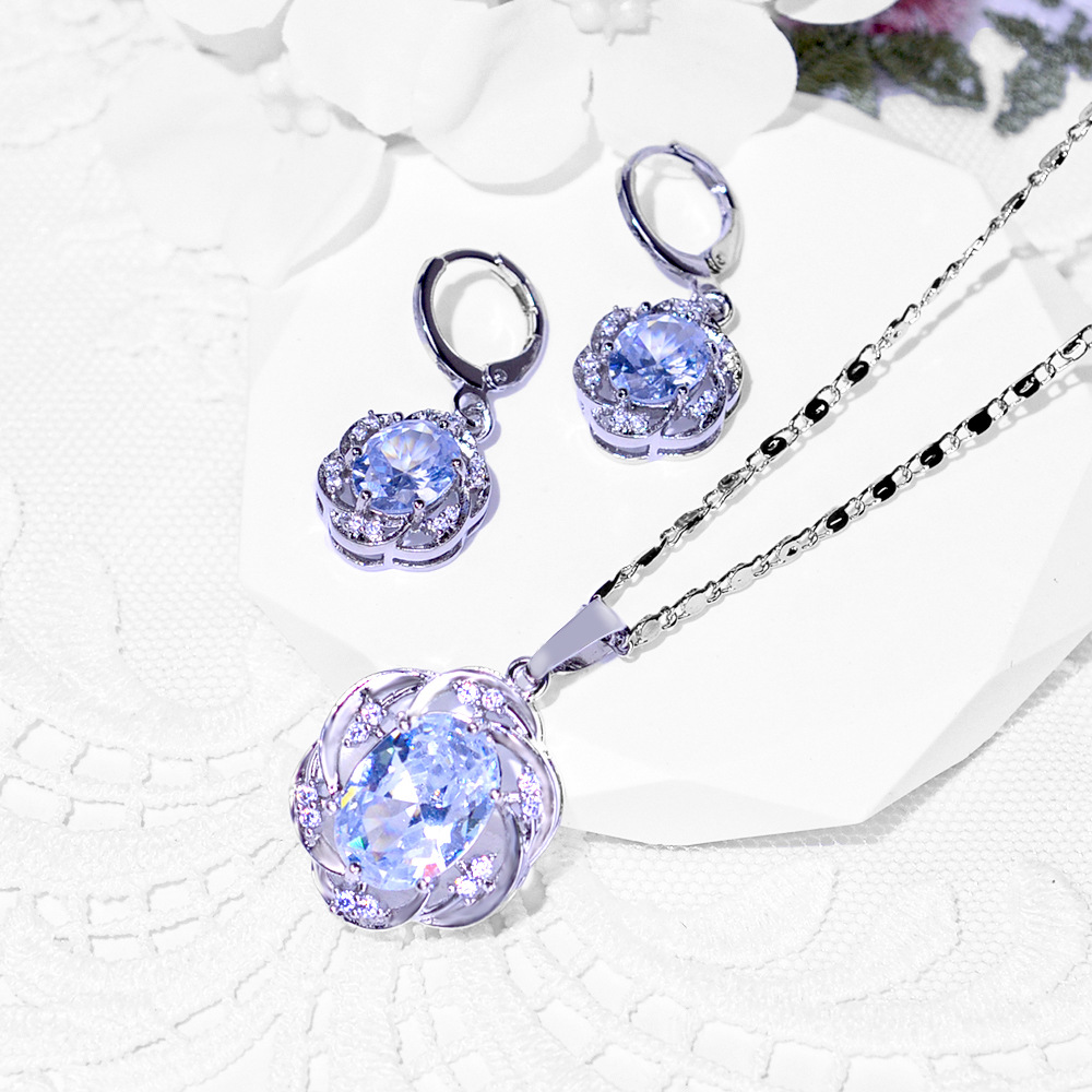 Europa y América de moda bronce incrustado gran pendientes de zircon collar conjunto de joyería pendientes de mujer colgante hermosa joyería transfronteriza