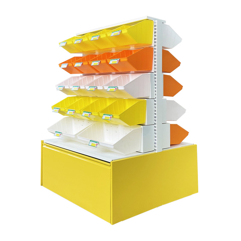 Exhibidor de Dulces de Acero Laminado en Frío de Jiangsu, Amarillo, de Una o Dos Caras, de Cinco Niveles, Multicolor, para Almacenamiento Comercial