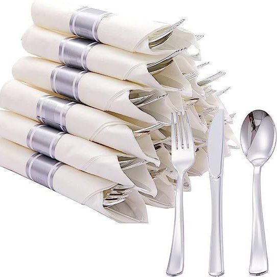 Cross-border disposable golden plastic knife, fork, spoon tissue paper ring packaging outdoor dinner dinner wedding black tableware