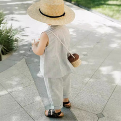 Summer unisex children's stylish cotton-linen vertical striped short-sleeved crew neck Japanese-style sleeveless backless shorts and pants