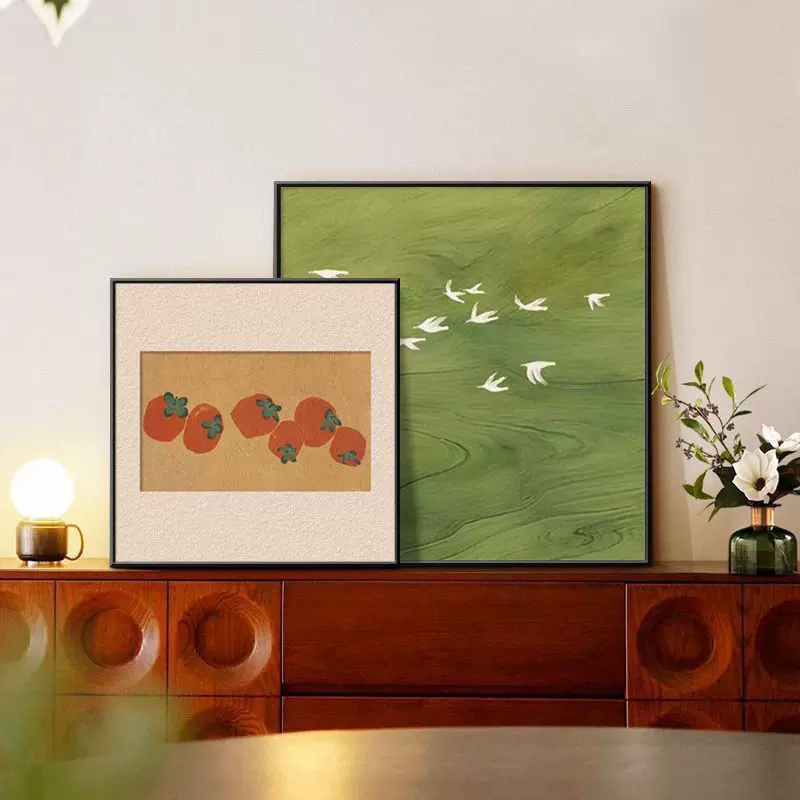 柿柿如意中古风绿色风景画客厅装饰画餐厅桌面摆画墙面艺术挂画