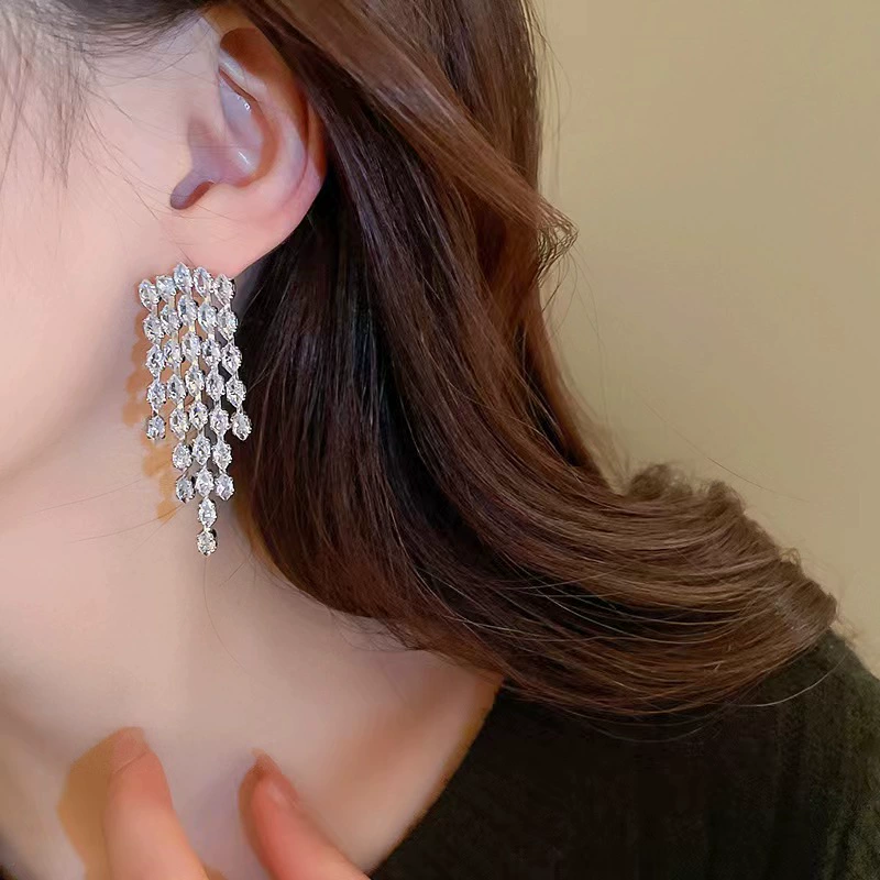 Серебряная игла, длинный дизайн цирконий с кисточками, модные элегантные серьги, высококачественный стиль, европейский стиль