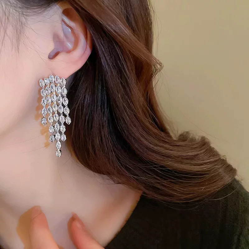 Серебряная игла, длинный дизайн цирконий с кисточками, модные элегантные серьги, высококачественный стиль, европейский стиль
